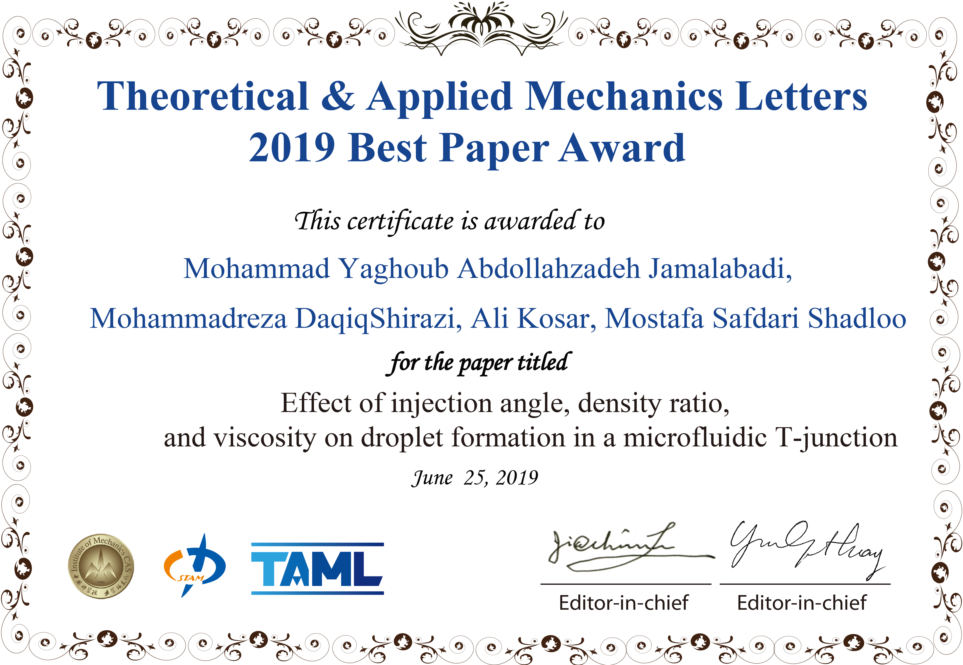 Congratulations to Theoretical & Applied Mechanics Letters 2014 Best Paper Award Winners